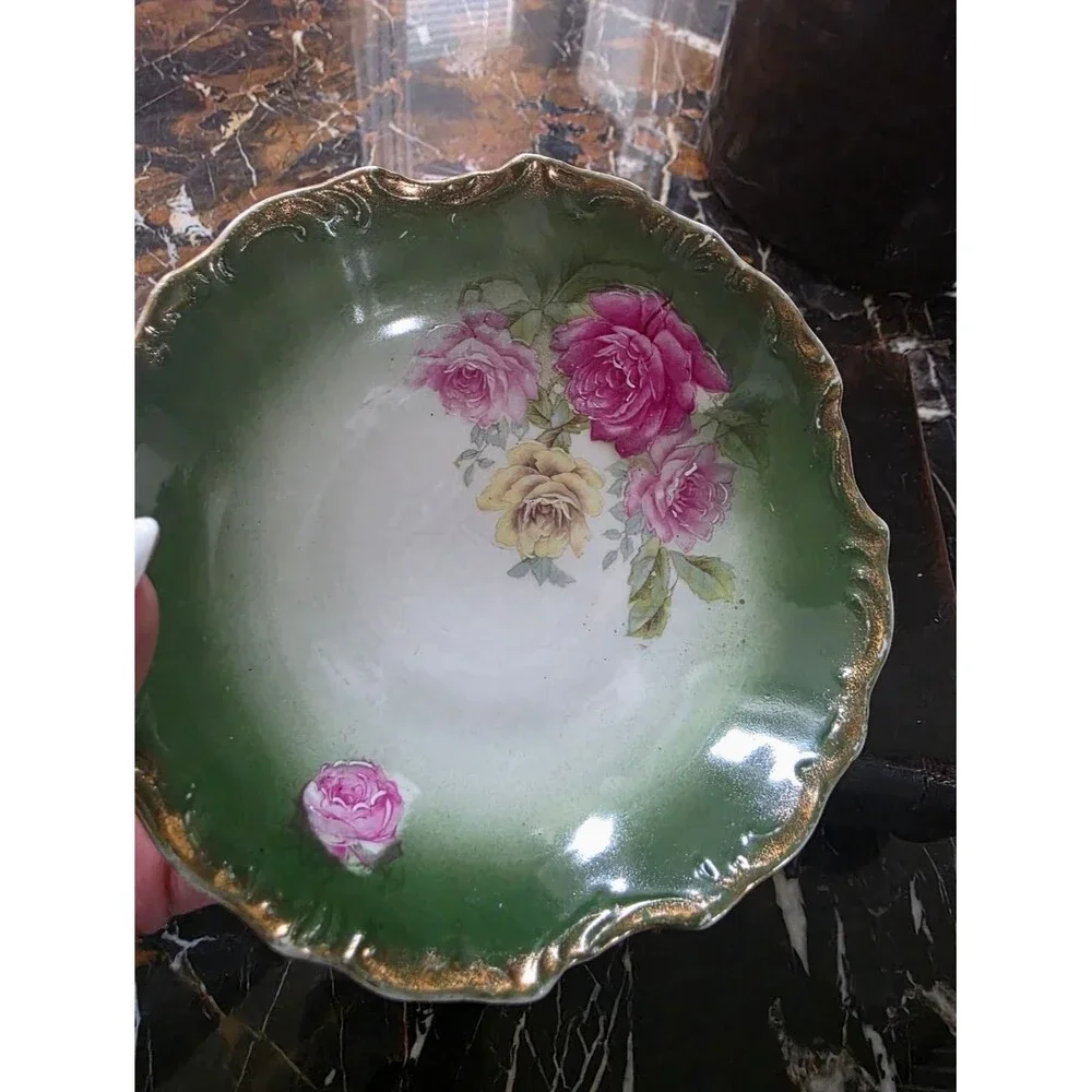 Shabby Chic Roses Pink Gold Gilt Ornate Scalloped Embossed Green Bowl Catch All